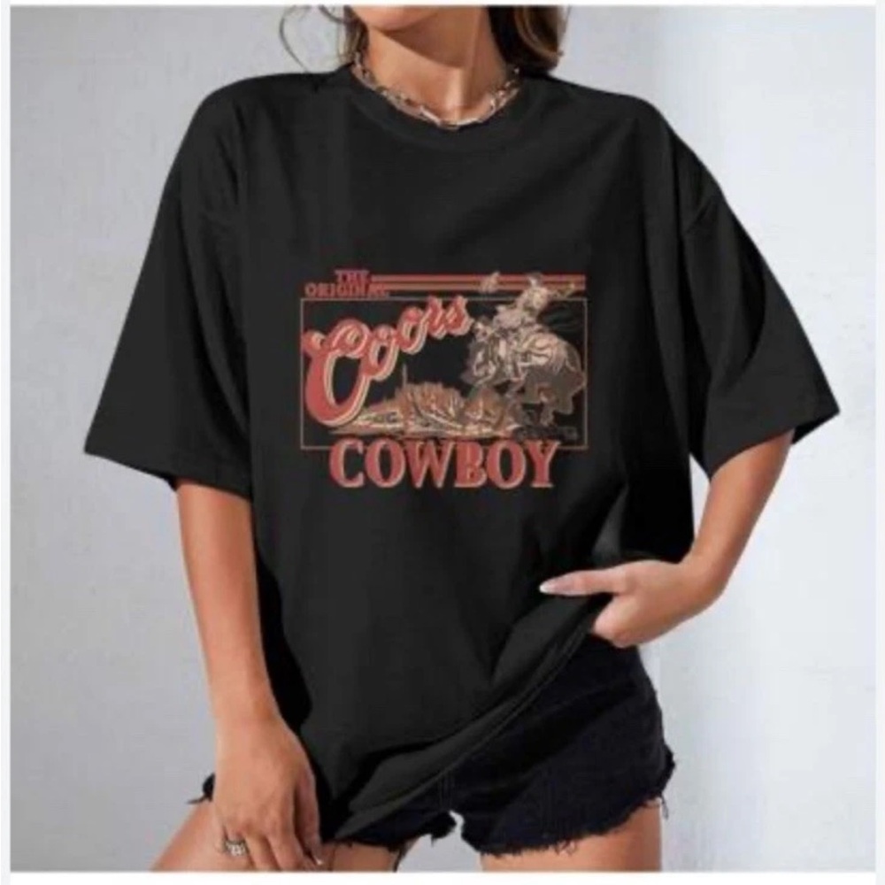 Original Coors Cowboy Western Graphic  T Shirt Black Size Medium